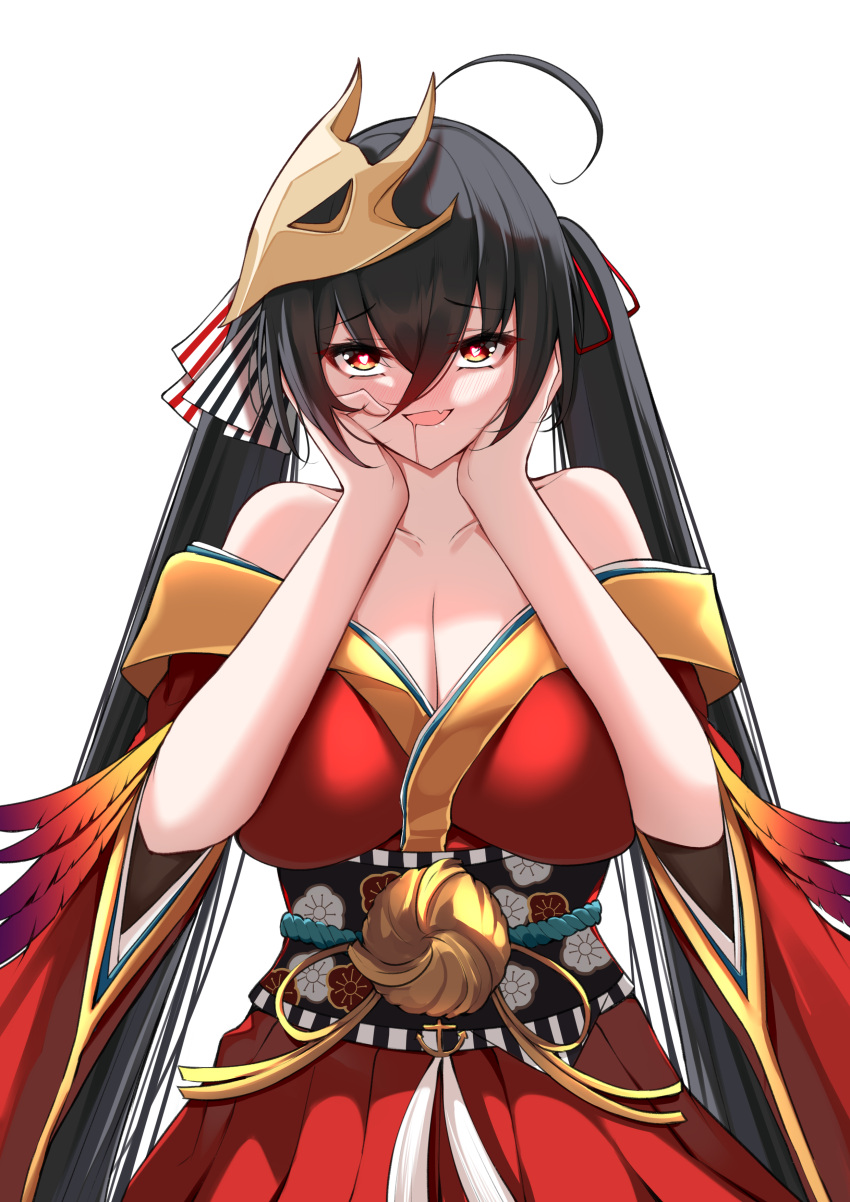 1girl absurdres ahoge azur_lane bare_shoulders bird_mask black_hair black_sash bow breasts catnnn cleavage collarbone crossed_bangs drooling eyebrows_hidden_by_hair fang feathers floral_print hair_bow hair_ribbon hands_on_own_cheeks hands_on_own_face heart heart-shaped_pupils highres japanese_clothes kimono large_breasts long_hair looking_at_viewer mask mask_on_head mouth_drool off_shoulder open_mouth red_eyes red_kimono red_ribbon ribbon sash skin_fang solo striped striped_bow symbol-shaped_pupils taihou_(azur_lane) tassel twintails very_long_hair yandere_trance