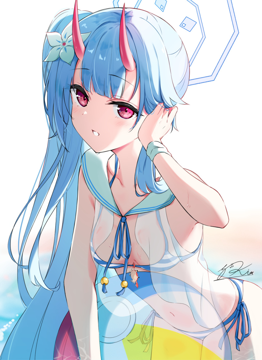 1girl adjusting_hair asymmetrical_hair ball beachball bikini blue_archive blue_bikini blue_hair breasts chise_(blue_archive) chise_(swimsuit)_(blue_archive) commentary_request cowboy_shot flower hair_flower hair_ornament halo highres horns light_blush looking_at_viewer okishiro oni_horns parted_lips partial_commentary pink_eyes pink_horns sailor_collar side-tie_bikini_bottom side_ponytail simple_background small_breasts solo striped striped_bikini swimsuit white_background white_sailor_collar wristband