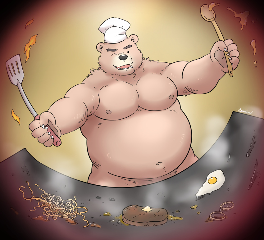 2023 anthro bear belly big_belly black_nose chef_hat clothing cooking hat headgear headwear hi_res humanoid_hands kemono male mammal moobs mtflying30371 navel nipples overweight overweight_male solo