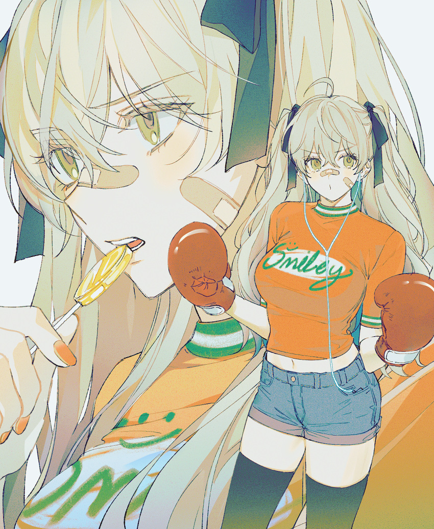 1girl bandaid bandaid_on_cheek bandaid_on_face bandaid_on_nose black_thighhighs blue_shorts boxing_gloves candy cowboy_shot crop_top denim denim_shorts food gloves green_eyes grey_hair highres holding holding_candy holding_food holding_lollipop legs_apart lollipop looking_to_the_side ma_yoyo midriff multiple_views nail_polish navel orange_nails orange_shirt original projected_inset red_gloves shirt short_shorts short_sleeves shorts simple_background thighhighs v-shaped_eyebrows white_background