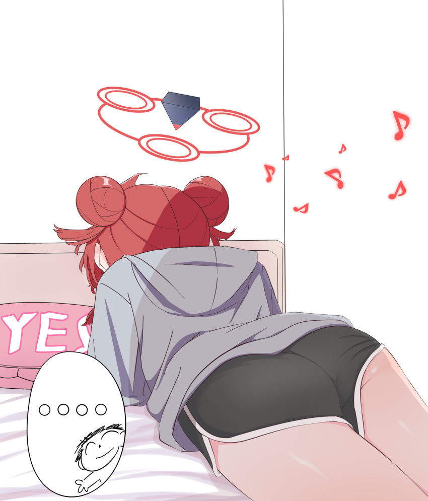 ... 1girl absurdres ahoge arona's_sensei_doodle_(blue_archive) ass black_shorts blue_archive dolphin_shorts double_bun english_commentary from_behind grey_hoodie hair_bun halo highres hood hoodie lying maki_(blue_archive) musical_note on_bed on_stomach red_hair sensei_(blue_archive) short_hair short_shorts shorts solo_focus speech_bubble spoken_character spoken_ellipsis thighs yes-no_pillow zombt