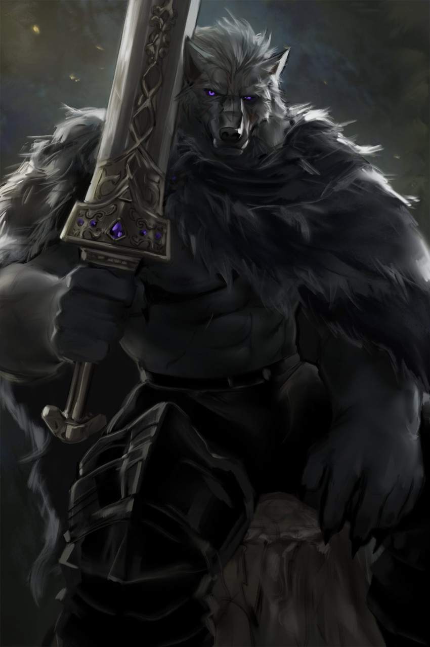 anthro blaidd_(elden_ring) canid canine canis dopq elden_ring fromsoftware fur hi_res male mammal melee_weapon muscular muscular_anthro muscular_male purple_eyes scar solo sword weapon wolf