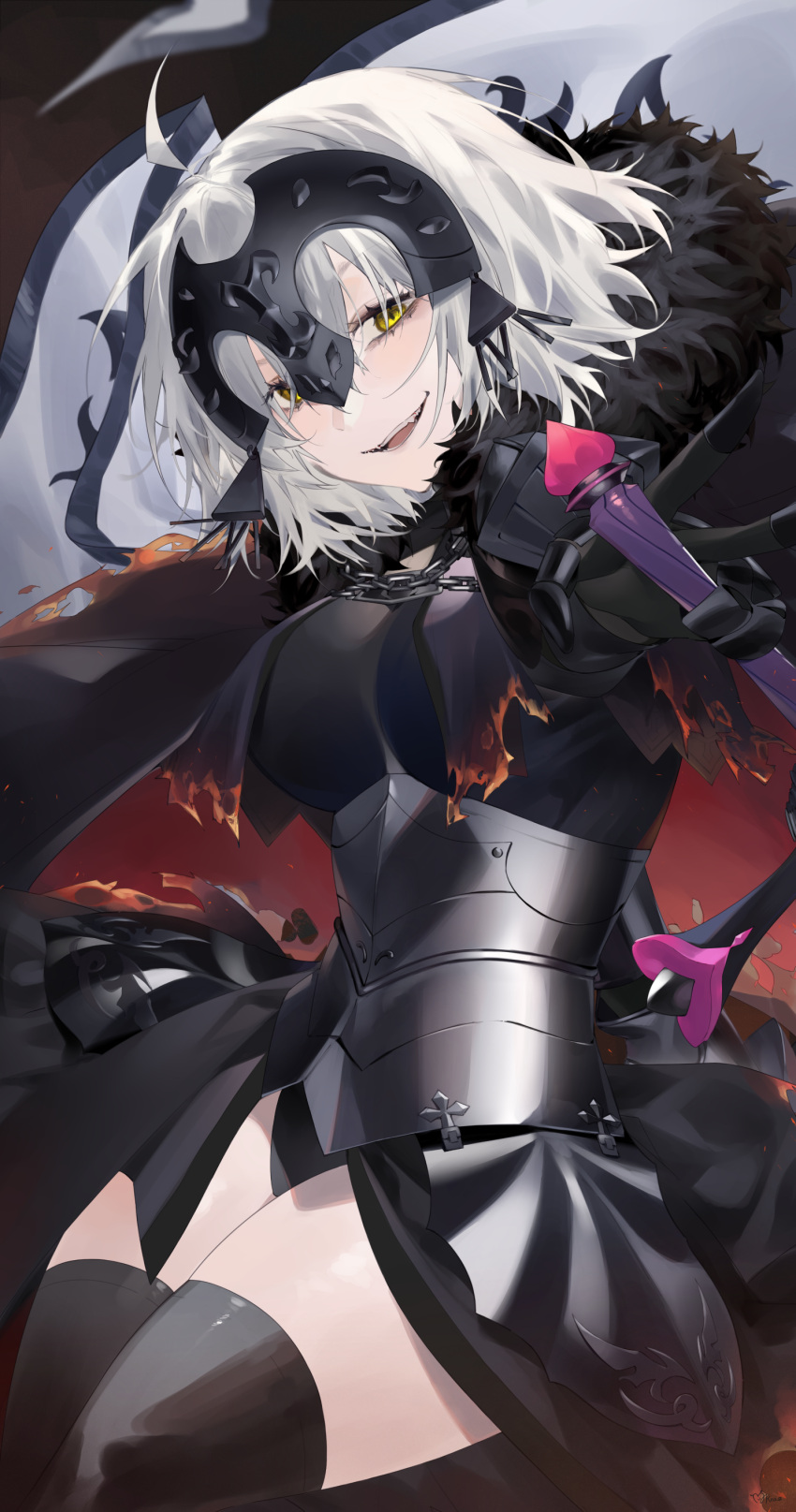 1girl absurdres armor armored_dress bangs black_dress black_thighhighs breasts chain collar dress fate/grand_order fate_(series) faulds flag gauntlets grey_hair headpiece highres jeanne_d'arc_alter_(avenger)_(fate) jeanne_d'arc_alter_(fate) kaa-san large_breasts looking_at_viewer metal_collar open_mouth plackart short_hair smile solo sword thighhighs thighs weapon yellow_eyes