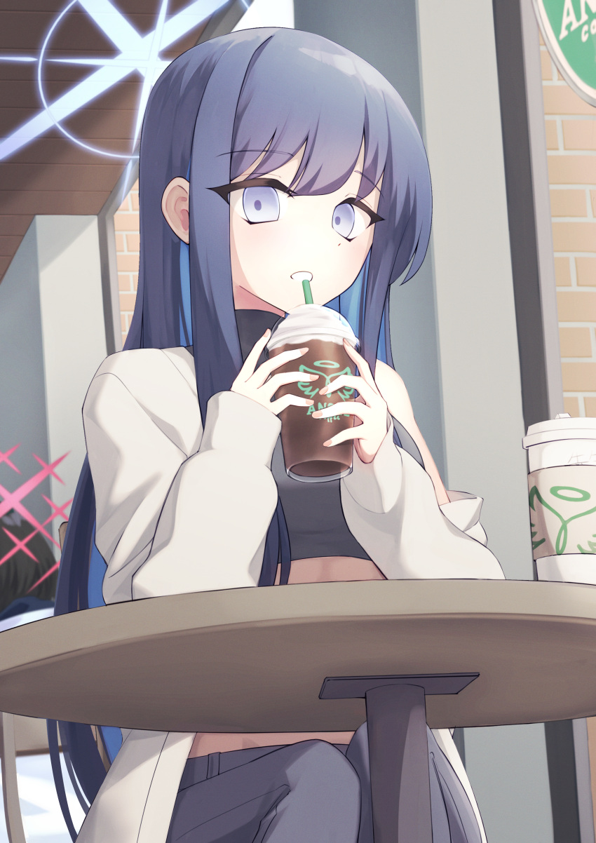 2girls absurdres black_hair black_pants blue_archive blue_eyes blue_hair breasts cafe cardigan casual chair coat commentary_request crop_top cup disposable_cup drinking_straw grey_cardigan groin halo highres holding holding_cup iced_coffee long_hair long_sleeves looking_at_viewer medium_breasts midriff misaki_(blue_archive) multicolored_hair multiple_girls no_mask off_shoulder open_cardigan open_clothes pants parted_lips projectorzero saori_(blue_archive) shirt single_bare_shoulder sitting sleeveless sleeveless_shirt solo_focus table two-tone_hair white_coat