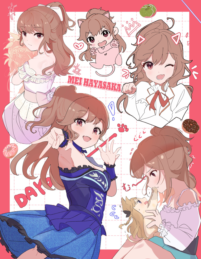 2girls :d absurdres animal animalization armpits bare_shoulders blue_skirt border bouquet bow breasts brown_hair cat chibi chibi_inset detached_collar drawn_ears drawn_whiskers dress gyaru_v hair_bow hand_on_another's_mouth highres holding holding_animal holding_bouquet holding_cat idoly_pride long_bangs long_hair looking_at_another looking_at_viewer medium_breasts multiple_girls multiple_views narumiya_suzu object_hug off-shoulder_shirt off_shoulder one_eye_closed ooho0216 open_mouth outside_border paw_pose pleated_skirt ponytail purple_shirt raised_eyebrows red_border red_eyes shirt sidelocks skirt smile strapless strapless_shirt v wedding_dress white_bow white_shirt wrist_cuffs