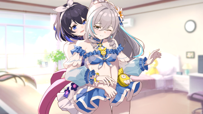 2girls absurdres bare_shoulders bikini blue_eyes blue_hair blue_sky blush bronya_zaychik bronya_zaychik_(herrscher_of_truth) chinese_commentary cloud commentary commentary_request doge_onion grey_eyes grey_hair hair_ornament highres homu_(honkai_impact) honkai_(series) honkai_impact_3rd hug hug_from_behind indoors jewelry long_hair multicolored_hair multiple_girls one_eye_closed open_mouth seele_vollerei seele_vollerei_(stygian_nymph) short_hair sky smile swimsuit window yuri