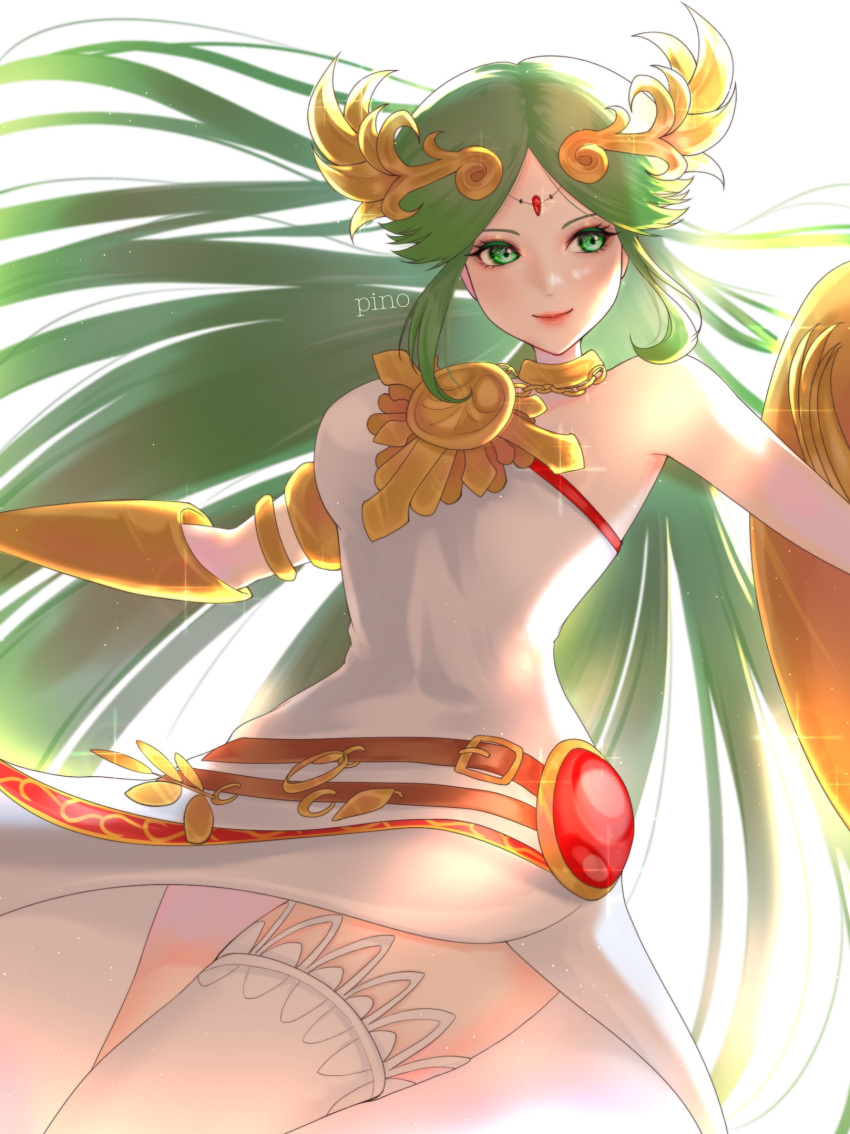 1girl armlet artist_name backlighting bare_arms bare_shoulders breasts chain chiton circlet diadem dress forehead_jewel gold gold_chain green_eyes green_hair highres holding holding_shield jewelry kid_icarus kid_icarus_uprising large_breasts long_hair neck_ring p_i_n_o palutena parted_bangs pendant shield side_slit single_thighhigh strapless strapless_dress thighhighs vambraces very_long_hair white_dress