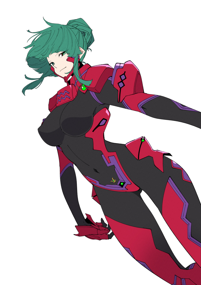 1girl black_bodysuit black_gloves bodysuit breasts covered_navel floating_hair fortified_suit gloves green_eyes green_hair hair_behind_ear highres kamon_rider looking_at_viewer medium_breasts muv-luv muv-luv_alternative pilot_suit red_gloves sidelocks simple_background smile solo tsukuyomi_mana white_background