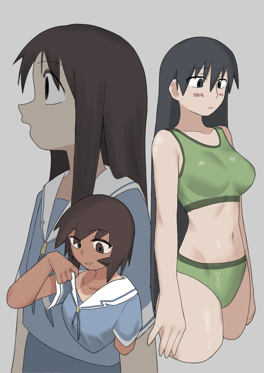 3girls absurdres azumanga_daioh azumanga_daioh's_school_uniform bikini black_hair blush blush_stickers breasts brown_hair collar_tug collarbone cowboy_shot cropped_legs cropped_torso green_bikini grey_background highres kagura_(azumanga_daioh) kasuga_ayumu long_hair looking_down medium_breasts midriff multiple_girls muted_color navel sailor_collar sakaki school_uniform short_hair simple_background swimsuit tan tanlines tori5k5k55