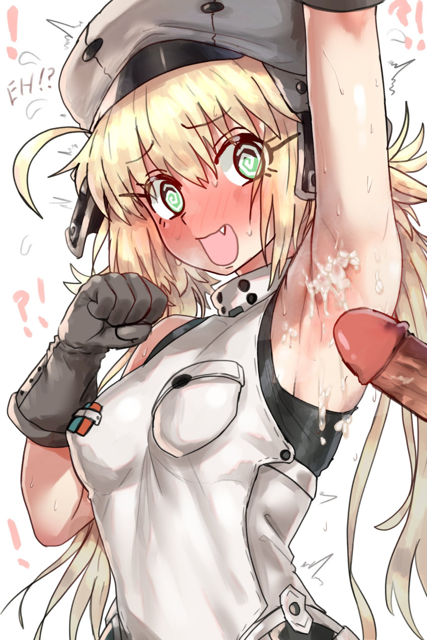 1girl armpits artoria_caster_(fate) artoria_caster_(first_ascension)_(fate) artoria_pendragon_(fate) blonde_hair blush breasts cum cum_on_armpits cum_on_body ebora fate/grand_order fate_(series) green_eyes hat highres large_penis long_hair penis smile white_background