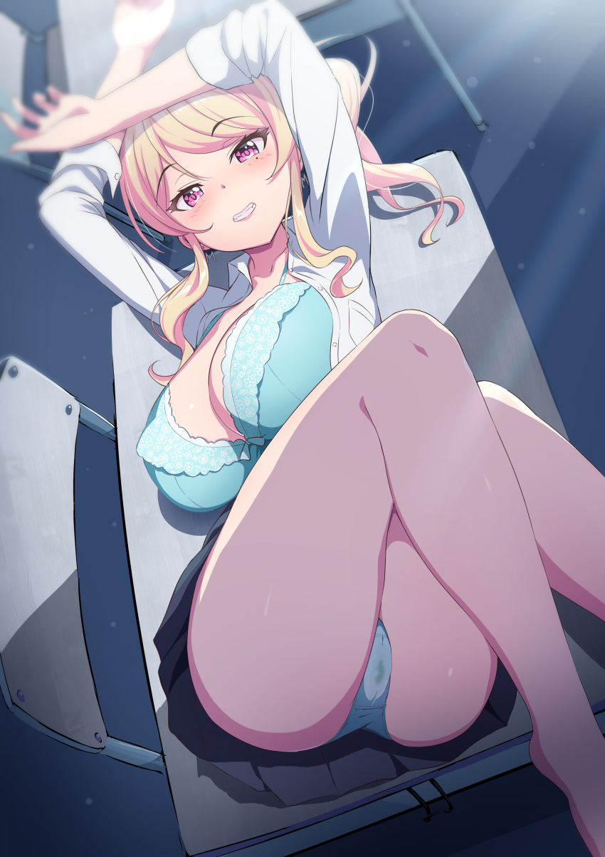 1girl absurdres aqua_bra aqua_panties arms_up ass bare_legs black_skirt blonde_hair blush bra breasts chair cleavage commentary_request feet_out_of_frame frilled_bra frills grin gyaru highres large_breasts looking_at_viewer lying mole mole_under_eye on_table original panties pleated_skirt red_eyes sakamata_(sakamata4) school_uniform shirt skirt smile solo table thighs underwear white_shirt