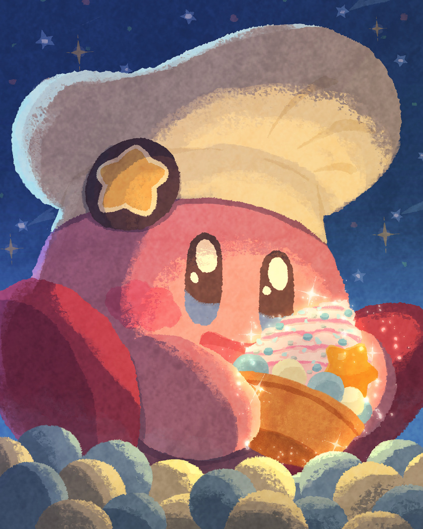 badge blue_eyes blush_stickers chef_hat closed_mouth cupcake food glowing happy hat highres kirby kirby_(series) kirby_cafe miclot night night_sky no_humans pink_footwear shoes sky sparkle sparkling_eyes star_(sky) starry_sky white_headwear