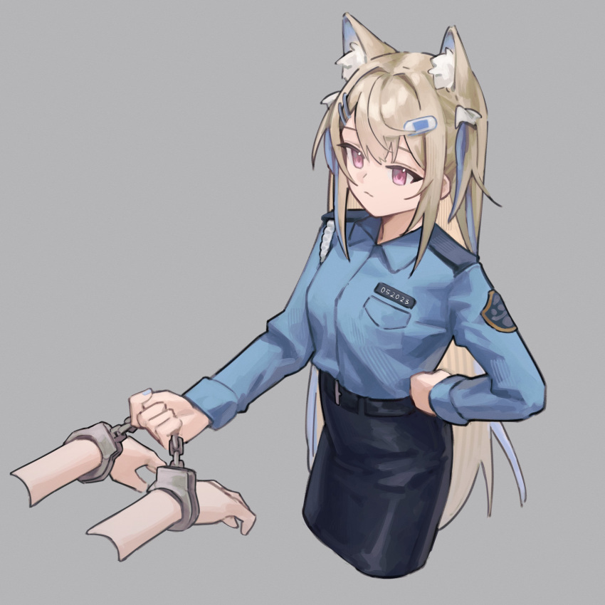 absurdres animal_ear_fluff animal_ears blonde_hair blue_hair blue_shirt cuffs dog_ears dog_girl fuwawa_abyssgard grey_background hair_ornament handcuffs highres holding holding_handcuffs hololive hololive_english long_hair multicolored_hair nats_(d0ughnats) pink_eyes police police_uniform policewoman shirt skirt streaked_hair uniform virtual_youtuber