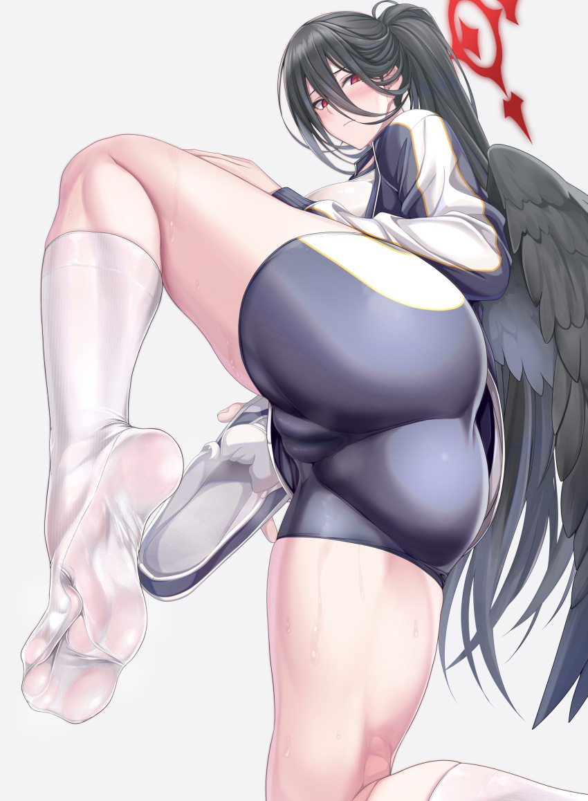 1girl absurdres ass black_hair black_wings blue_archive blue_jacket blue_shorts blush breasts cameltoe feathered_wings feet hair_between_eyes halo hasumi_(blue_archive) hasumi_(track)_(blue_archive) high_ponytail highres jacket large_breasts long_hair long_sleeves looking_at_viewer looking_back mole mole_under_eye red_eyes ruton-niki shirt short_shorts shorts socks soles spread_legs sweaty_clothes very_long_hair white_shirt wings