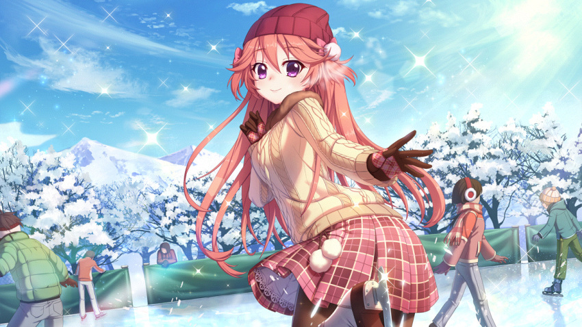 2girls 4boys beanie blue_coat blue_pants blue_sky bow brown_gloves brown_hair brown_leggings coat day dot_nose dutch_angle earmuffs film_grain from_below game_cg gloves green_coat green_pants haeno_akari hair_bow hat ice ice_skates ice_skating izumi_tsubasu leggings long_hair looking_back mountain mountainous_horizon multiple_boys multiple_girls non-circular_lens_flare non-web_source official_art orange_hair outdoors pants pink_bow pink_coat pink_skirt plaid plaid_skirt purple_eyes re:stage! red_headwear scarf skates skating skating_rink skirt sky smile snow solo_focus sparkle sunlight sweater tree two_side_up white_footwear white_pants winter yellow_sweater