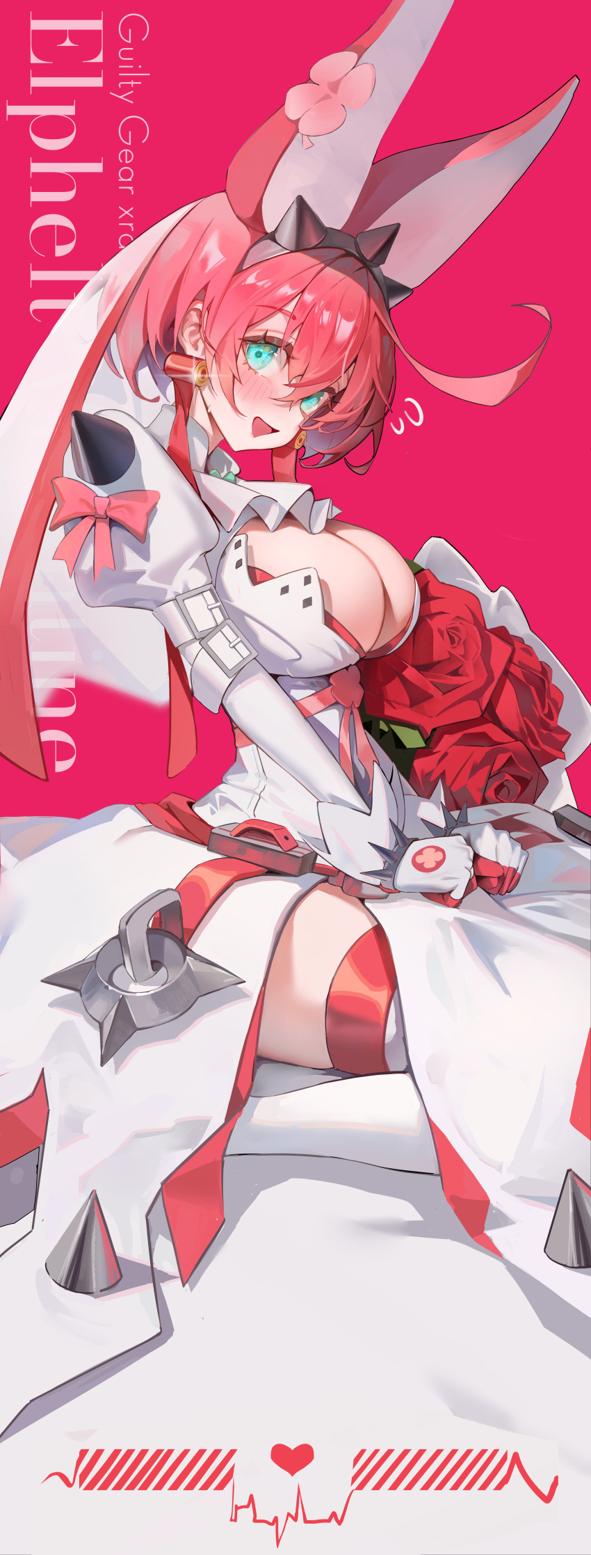 1girl absurdres aqua_eyes blush bob_cut bouquet bow breasts character_name cleavage commentary copyright_name dress elphelt_valentine flower flying_sweatdrops gloves guilty_gear guilty_gear_xrd hair_between_eyes heart highres incredibly_absurdres large_breasts long_bangs looking_at_viewer open_mouth pink_background pink_bow pink_hair red_flower red_gloves red_rose rose smile solo ssr_(azmr2828) sweatdrop symbol-only_commentary thighhighs thighs white_dress white_gloves white_thighhighs