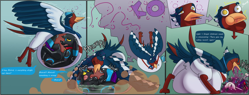 abdominal_bulge absurd_res avian avian_feet beak blue_body bodily_fluids crashing digestion disposal ebony_the_umbreon english_text feathered_crest feathered_wings feathers female female_pred feral feral_pred feral_prey generation_3_pokemon head_crest hi_res internal male male_prey markings mistral_(gyro) neck_bulge nintendo organs pellet pokemon pokemon_(species) red_markings same_size_pred servo117 stomach stomach_acid substance_intoxication swellow tail_feathers talons text white_body white_markings wings yellow_eyes