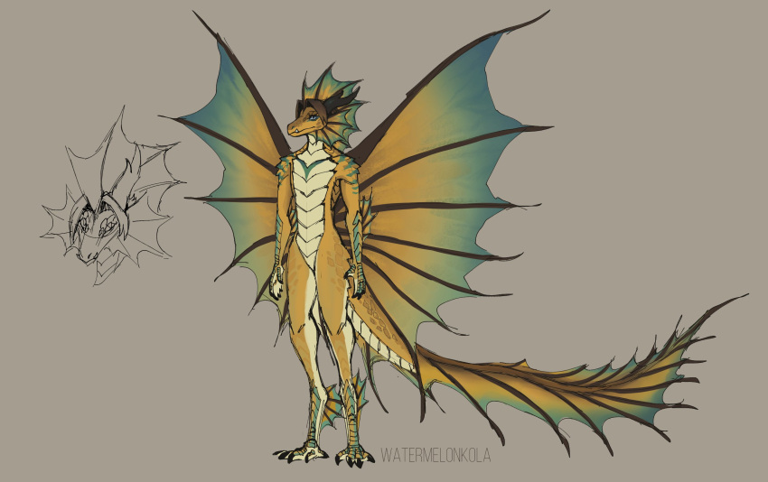 anthro artist_name blue_eyes dragon featureless_crotch full-length_portrait grey_background hi_res horn kolaa looking_at_viewer male membrane_(anatomy) membranous_wings mouth_closed nude portrait scales simple_background solo standing wings yellow_body yellow_scales