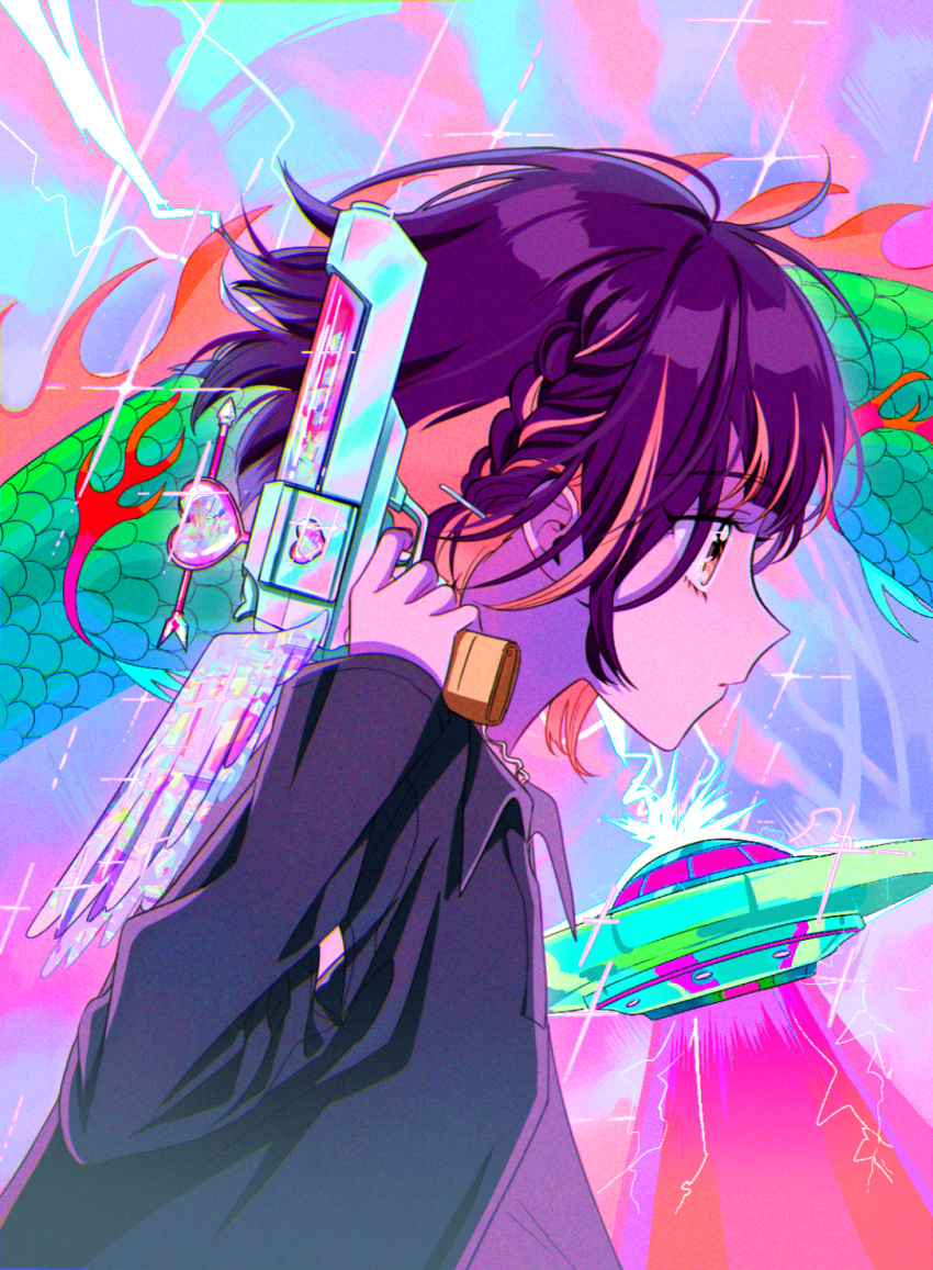 1girl arrow_through_heart black_hair black_shirt braid brown_eyes closed_mouth collared_shirt dragon electricity expressionless gun handgun heart highres holding holding_gun holding_weapon long_sleeves multicolored_background multicolored_hair myon_(tokipi) nira-chan orange_hair profile scales shirt short_hair side_braid single_braid solo sparkle two-tone_hair ufo upper_body weapon zutto_mayonaka_de_ii_no_ni