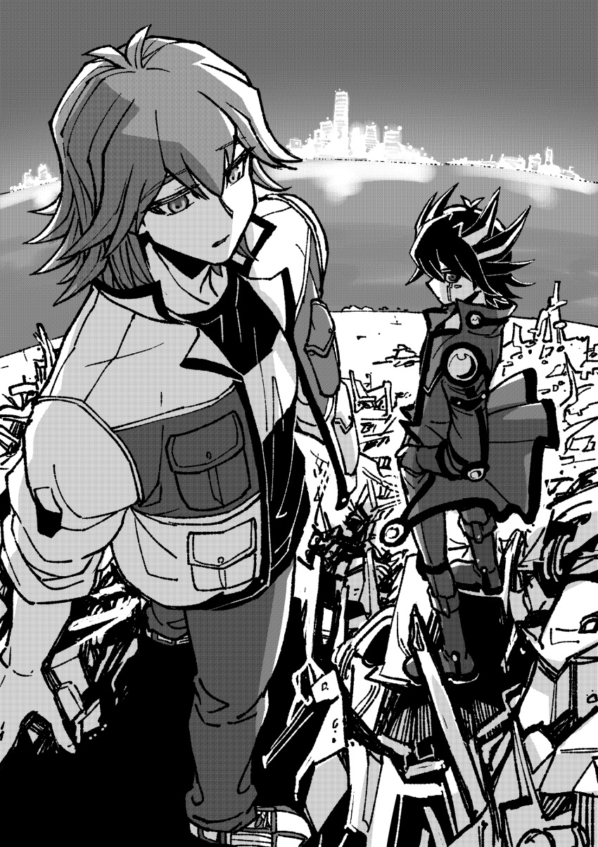 2boys absurdres boots bruno_(yu-gi-oh!) city city_lights elbow_pads facial_mark facial_tattoo foreshortening from_above fudou_yuusei glaring greyscale half-closed_eyes hand_in_pocket high_collar highres jacket junkyard knee_boots knee_pads looking_back male_focus marking_on_cheek monochrome multiple_boys ocean open_clothes open_jacket outdoors pants parted_lips pocket screentones shirt shoes short_hair shoulder_pads skyline sleeves_rolled_up sneakers spiked_hair standing t-shirt tattoo youko-shima yu-gi-oh! yu-gi-oh!_5d's