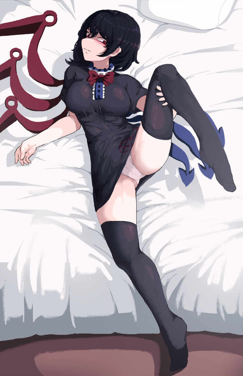 1girl asymmetrical_wings black_dress black_hair black_thighhighs blue_wings blush bow bowtie breasts buttons cameltoe center_frills closed_mouth commentary_request dress frills full_body hair_between_eyes highres houjuu_nue impossible_clothes impossible_dress korean_commentary leg_lift looking_at_viewer medium_bangs medium_breasts no_shoes on_bed panties red_bow red_bowtie red_eyes red_wings shaded_face short_dress short_hair short_sleeves solo son_(c100011) thighhighs touhou underwear white_panties wings