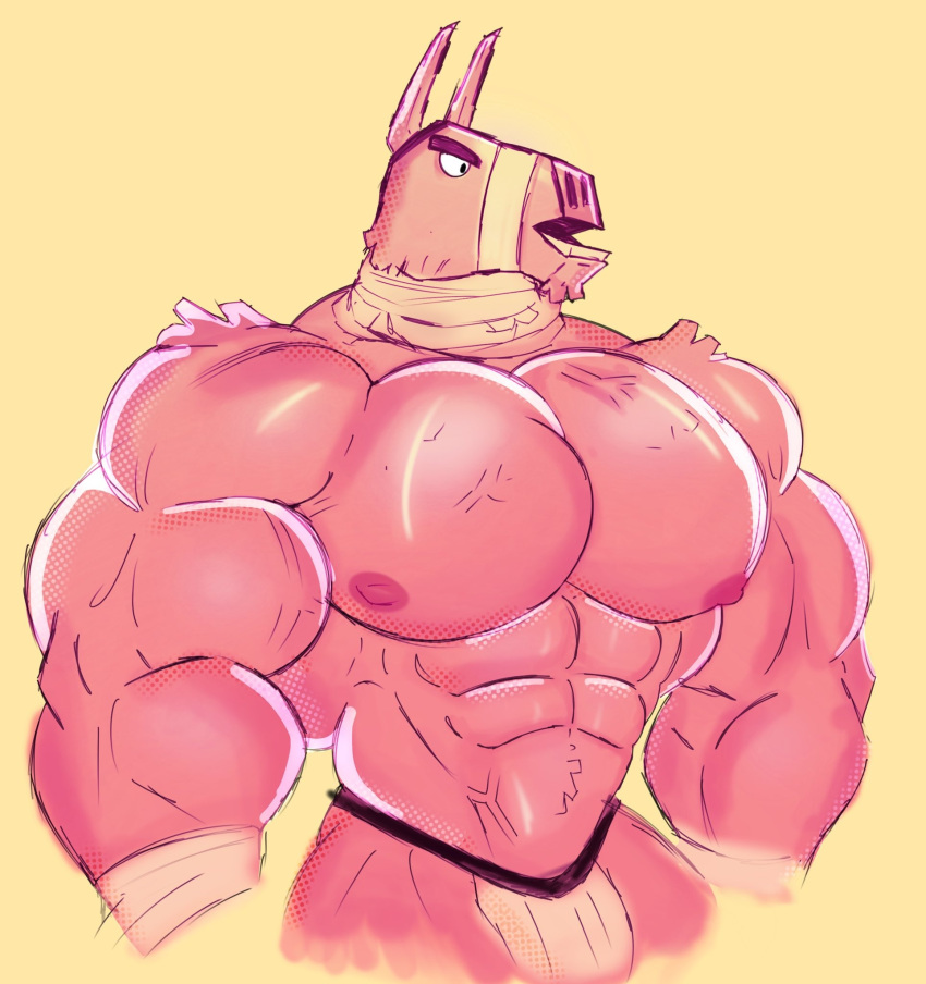 abs animate_inanimate anthro bandage bandaged_arm bandaged_neck big_pecs bulge camelid clothing epic_games eye_patch eyewear fortnite fur hi_res jockstrap living_pinata llama lonefox1332 lt._john_llama male mammal nipples pecs pinata pink_body pink_fur pink_nipples pinup pose smile solo tufted_fur underwear vein veiny_arms veiny_muscles