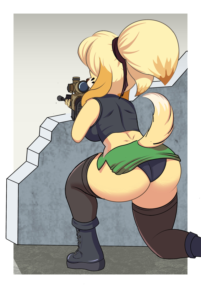 absurd_res animal_crossing anthro big_breasts big_butt blonde_hair boots bottomwear breasts butt canid canine canis clothing crossover domestic_dog female footwear fur goddess_of_victory:_nikke gun hair hi_res isabelle_(animal_crossing) legwear mammal miniskirt nintendo outside paint ponytail raised_tail ranged_weapon rear_view rifle shih_tzu skirt sniper_rifle solo tail topwear toy_dog upskirt weapon yellow_body yellow_fur zelripheth