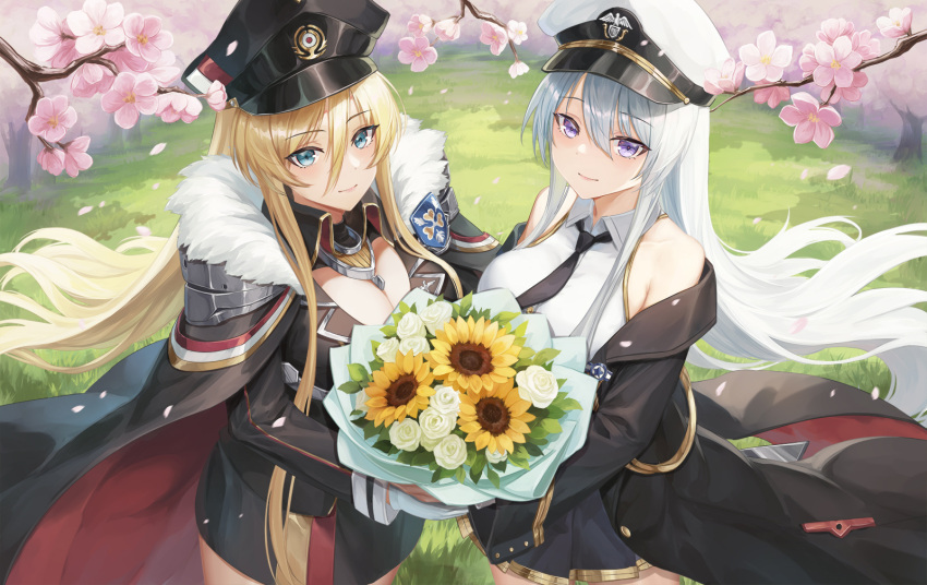 2girls azur_lane bare_shoulders bismarck_(azur_lane) bismarck_(coat_of_arms) black_coat black_dress black_headwear black_necktie black_skirt blonde_hair blue_eyes bouquet breasts cape cherry_blossoms cleavage closed_mouth coat coat_of_arms collarbone collared_shirt commentary_request cowboy_shot cross dress enterprise_(azur_lane) floating_hair fur-trimmed_cape fur_trim gloves gold_trim grass hair_between_eyes hat highres holding holding_bouquet iron_cross large_breasts long_bangs long_hair long_sleeves looking_at_viewer military_hat military_uniform miniskirt multiple_girls necktie open_clothes open_coat peaked_cap pleated_skirt purple_eyes shadow shirt sidelocks skirt sleeveless sleeveless_shirt smile standing tree ulquiorra0 uniform very_long_hair white_hair white_headwear white_shirt