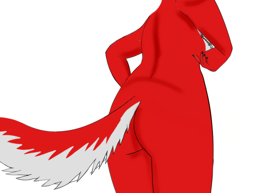 alfa_wolf10! butt canid canine canis chest_tattoo female flare_(alfa_wolf10!) flare_rains fur mammal multicolored_body rear_view red_body red_fur red_wolf simple_background solo tattoo two_tone_body white_body white_fur wolf