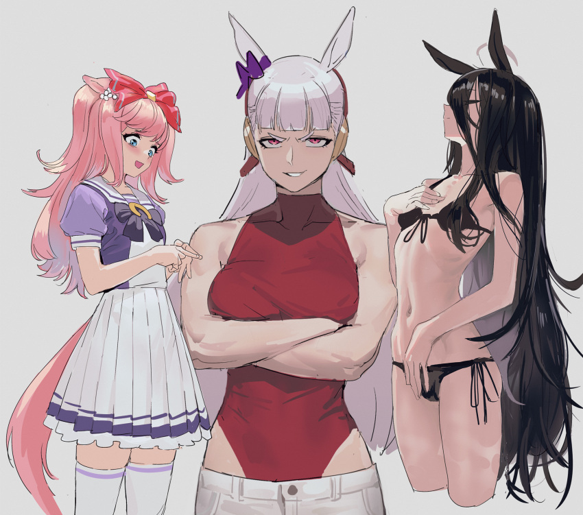 3girls agnes_digital_(umamusume) ahoge alternate_costume animal_ears bare_shoulders bikini black_bikini black_hair blue_eyes blunt_bangs blush bow bowtie breasts closed_eyes commentary_request cropped_legs crossed_arms ears_down gold_ship_(umamusume) grey_background grey_hair grin hair_bow hand_on_own_chest highres horse_ears horse_girl horse_tail leotard long_hair looking_at_viewer manhattan_cafe_(umamusume) medium_breasts multiple_girls navel open_mouth own_hands_together pink_hair purple_shirt red_eyes red_leotard sailor_collar sarcophage school_uniform shirt shirt_hold short_sleeves side-tie_bikini_bottom simple_background skirt small_breasts smile swimsuit tail thighhighs tracen_school_uniform two_side_up umamusume unfinished v-shaped_eyebrows very_long_hair white_skirt white_thighhighs