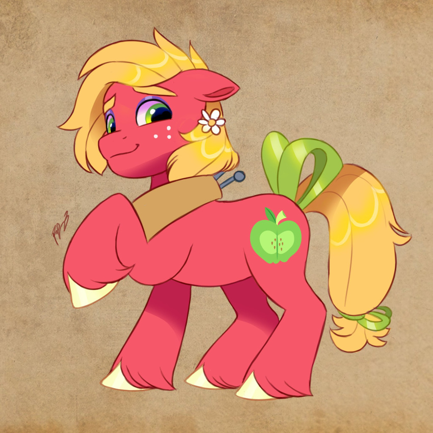 2023 accessory artharuhi big_macintosh_(mlp) blonde_hair blonde_mane clothed clothing crossdressing cutie_mark digital_media_(artwork) earth_pony equid equine eyeshadow feral flower flower_in_hair freckles friendship_is_magic fur furgonomics girly hair hair_accessory hasbro hi_res hooves horse leg_tuft makeup male mammal mane my_little_pony plant pony raised_hoof red_body red_fur ribbons signature solo tail tail_accessory tail_ribbon tuft yellow_tail