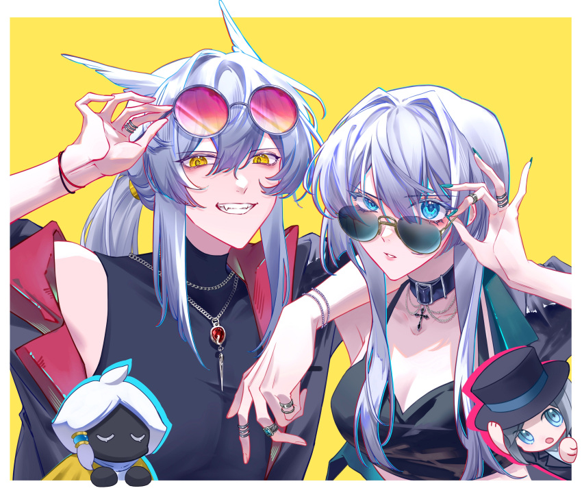 1boy 3girls absurdres adjusting_eyewear androgynous animal_ears black_collar black_jacket black_shirt black_tank_top blue_eyes blue_nails bracelet breasts character_request chinese_commentary choker chromatic_aberration cleavage collar commentary_request cross cross_choker dikke_(reverse:1999) fang fingernails grey_hair highres jacket jewelry long_fingernails long_hair looking_at_viewer medium_breasts mimizuku_(sky:_children_of_the_light) multiple_girls multiple_rings necklace open_clothes open_jacket parted_lips pink-tinted_eyewear reverse:1999 ring shirt simple_background sky:_children_of_the_light sunglasses tank_top tingjiuzhuozhu tinted_eyewear vertin_(reverse:1999) yellow_background yellow_eyes