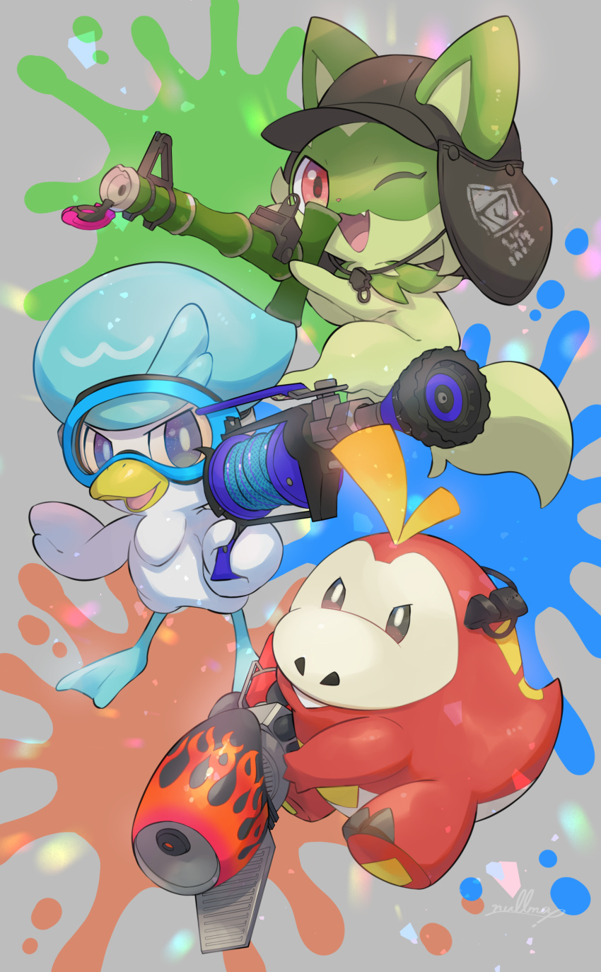 ;d absurdres animal_focus artist_name bamboozler_14_(splatoon) baseball_cap black_headwear blue_eyes brown_eyes commentary_request earpiece fang fuecoco goggles grey_background gun h-3_nozzlenose_(splatoon) hat highres holding holding_gun holding_weapon looking_at_viewer no_humans nullma one_eye_closed open_mouth paint paint_splatter pokemon pokemon_(creature) quaxly range_blaster_(splatoon) red_eyes signature smile splatoon_(series) splatoon_3 sprigatito starter_pokemon_trio v-shaped_eyes weapon