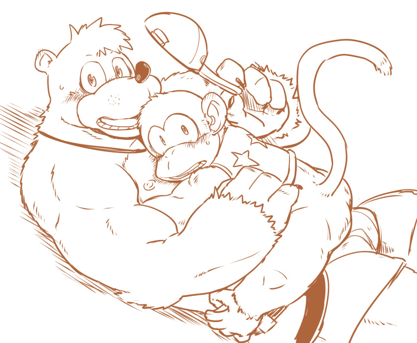 anthro banjo-kazooie banjo_(banjo-kazooie) baseball_cap bear blush bottomless bottomwear caught clothed clothing diddy_kong donkey_kong_(series) duo embarrassed embrace haplorhine hat headgear headwear hi_res hug line_art male male/male mammal moku_nameko monkey nintendo primate rareware shorts size_difference