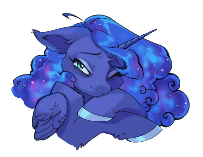 blue_body blue_feathers blue_fur blue_hair ear_tuft equid equine ethereal_hair eyebrows eyelashes feathered_wings feathers female feral friendship_is_magic fur hair hasbro hooves horn leg_tuft mammal my_little_pony one_eye_closed princess_luna_(mlp) rrusha simple_background smile solo tuft white_background winged_unicorn wings