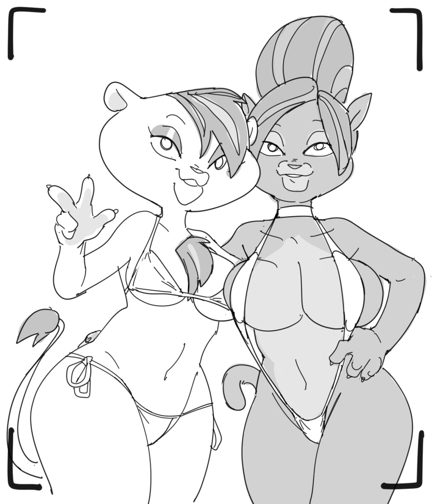 2023 4_fingers anthro beehive_(hairstyle) bent_arm big_breasts bikini biped black_and_white breast_size_difference breasts bruma bulging_breasts camera_view chest_tuft claws clothed clothed_anthro clothed_female clothing countershade_torso countershading curved_eyebrows curvy_figure dark_body dark_fur dbaru digital_drawing_(artwork) digital_media_(artwork) duo el_arca eyebrows eyelashes eyelids eyeshadow felid female finger_claws fingers fur fur_tuft glistening glistening_eyelids hair hand_on_another's_back hand_on_back hand_on_hip hand_on_own_hip hi_res humanoid_hands iris leaning leaning_aside lidded_eyes lion looking_at_viewer makeup mammal monochrome navel no_pupils pantherine panthy pose round_ears short_hair side-tie_bikini side-tie_clothing side_cut sketch skimpy skimpy_bikini skimpy_swimwear sling_bikini small_nose smile smiling_at_viewer standing string_bikini swimwear tail tail_tuft thick_thighs thin_eyebrows three-quarter_view tuft