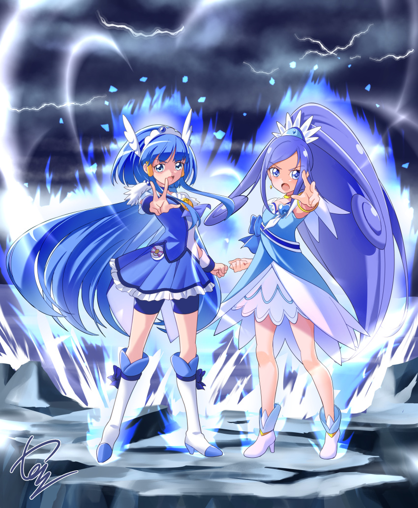 2girls absurdres aoki_reika aura bike_shorts_under_skirt blue_dress blue_eyes blue_hair blue_shirt blue_skirt blue_theme boots bow bracelet breasts brooch choker crystal_earrings cure_beauty cure_diamond dokidoki!_precure dress earrings full_body hair_ornament hair_tubes head_wings heart_brooch high_heels high_ponytail highres hishikawa_rikka ice jewelry long_hair magical_girl multiple_girls open_mouth ponytail pouch precure rock shirt short_sleeves shorts shorts_under_skirt skirt small_breasts smile_precure! tiara tirofinire waist_bow white_footwear wrist_cuffs yellow_choker