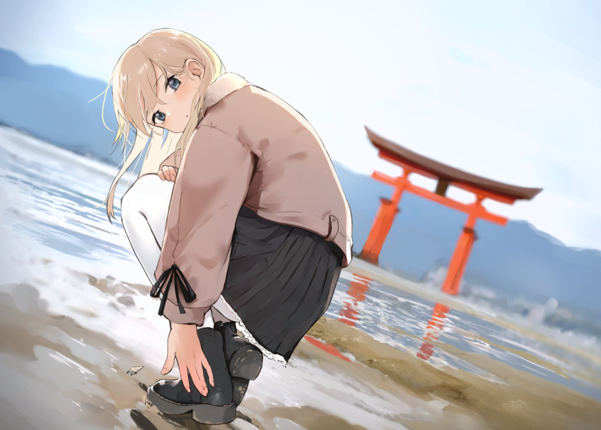 1girl alternate_costume black_footwear black_skirt blonde_hair blue_eyes blurry blurry_background blush boots day dirty_footwear hair_between_eyes highres jacket kabayaki_namazu kantai_collection long_hair long_sleeves looking_at_viewer outdoors pantyhose parted_lips pink_jacket pleated_skirt puddle skirt sky solo squatting torii u-511_(kancolle)