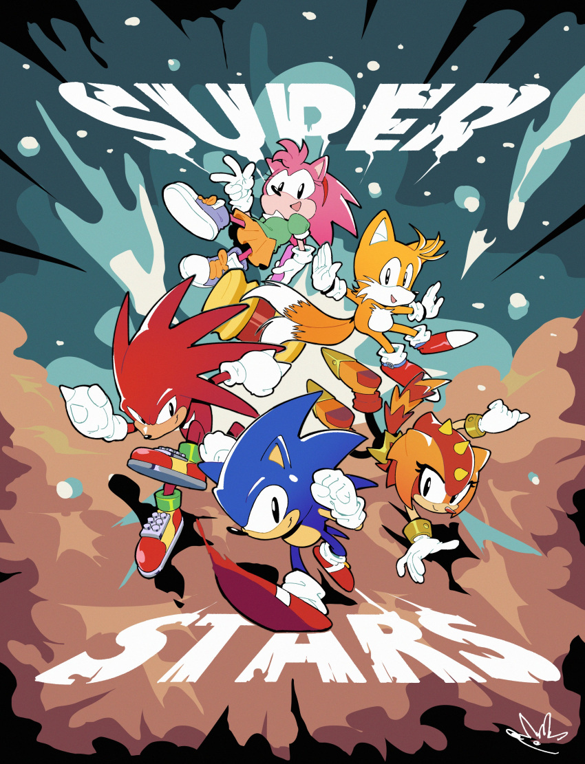 2girls 3boys absurdres amy_rose biolizard02 extra_tails gloves hammer highres horns knuckles_the_echidna looking_at_viewer multiple_boys multiple_girls red_footwear running skirt smile sonic_(series) sonic_superstars sonic_the_hedgehog spiked_gloves tail tails_(sonic) trip_the_sungazer v white_gloves