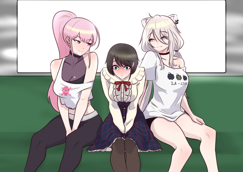 3girls absurdres ahoge between_legs black_choker black_hair black_pants black_pantyhose black_shorts blue_skirt bow bowtie center_frills choker collarbone crop_top derivative_work ear_piercing eyes_in_shadow frilled_shirt_collar frilled_skirt frills green_eyes grey_eyes hand_between_legs hand_on_own_leg high-waist_skirt highres hololive hololive_english holykoshi long_hair mori_calliope mori_calliope_(2nd_costume) multiple_girls oozora_subaru oozora_subaru_(5th_costume) pants pantyhose piercing pink_eyes pink_hair plaid plaid_skirt ponytail red_bow red_bowtie see-through_cleavage shirt shishiro_botan shishiro_botan_(3rd_costume) short_hair shorts single_bare_shoulder skirt skull_and_crossbones sweatpants tank_top train_interior white_hair white_shirt white_tank_top