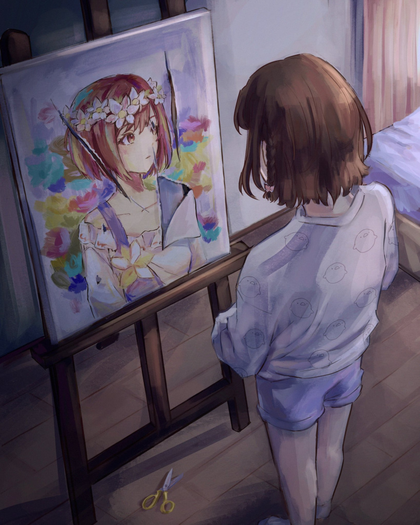 1girl bed bedroom blue_shorts bob_cut braid brown_hair canvas_(object) curtains damaged easel facing_away from_above from_behind grey_sweater head_wreath highres long_sleeves looking_at_object portrait_(object) project_sekai purple_shorts scissors shinonome_ena shirt short_hair shorts solo standing sweater torn_paper touyaluvrr white_shirt wooden_floor