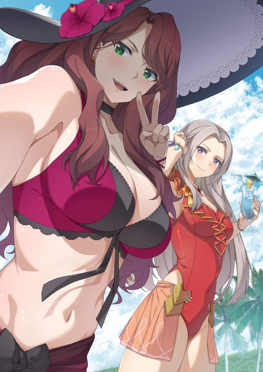 2girls absurdres breasts cleavage cloud commission commissioner_upload cup dorothea_arnault dorothea_arnault_(summer) edelgard_von_hresvelg edelgard_von_hresvelg_(summer) fire_emblem fire_emblem:_three_houses fire_emblem_heroes hand_in_own_hair hat highres holding holding_cup large_breasts looking_at_viewer midriff multiple_girls mzrz official_alternate_costume open_mouth selfie sky smile swimsuit tree v