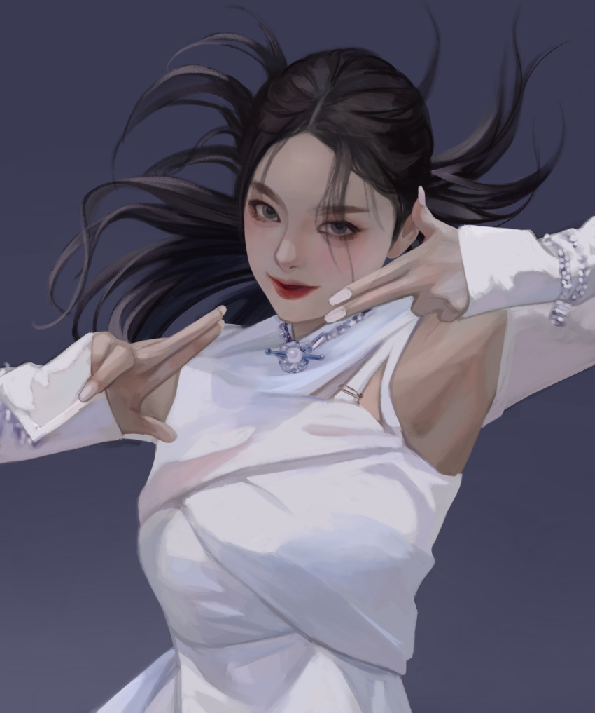 1girl absurdres aespa armpits black_eyes black_hair blush commentary dancing detached_sleeves dress finger_gun floating_hair head_tilt highres k-pop karina_(aespa) lipstick long_sleeves looking_at_viewer makeup making-of_available procreate_(medium) real_life red_lips sleeves_past_wrists smile solo symbol-only_commentary white_dress yubbai