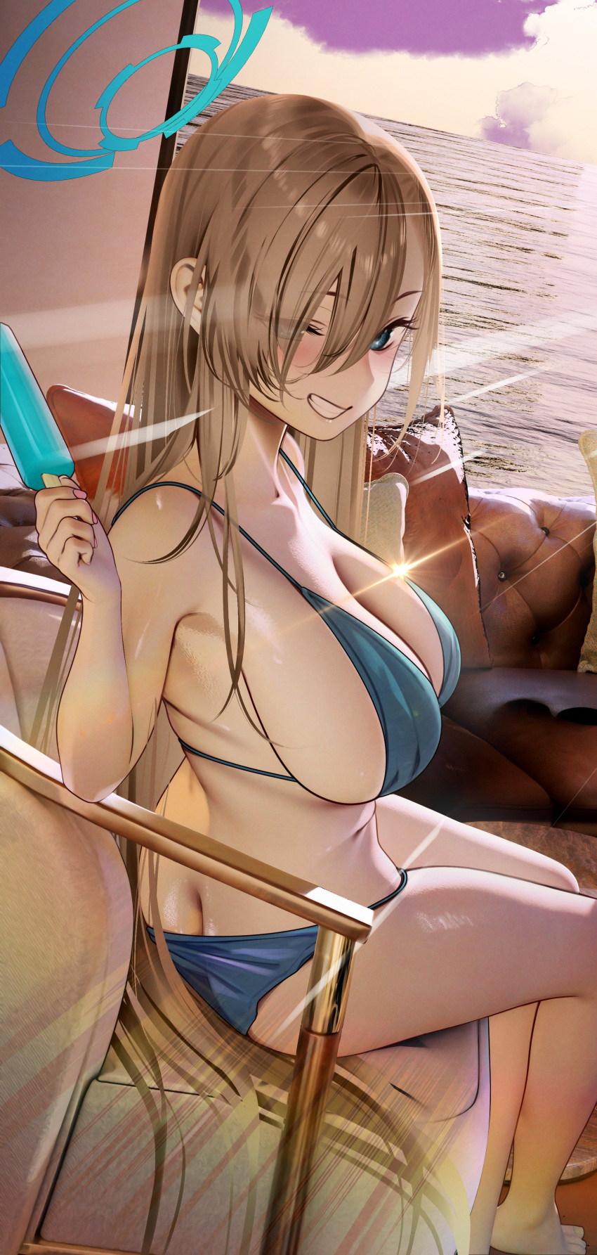 1girl absurdres ass asuna_(blue_archive) bare_shoulders bikini blue_archive blue_bikini blue_eyes blush breasts butt_crack cleavage collarbone food grin hair_over_one_eye highres large_breasts light_brown_hair long_hair looking_at_viewer nanaken_nana popsicle sitting smile solo swimsuit very_long_hair