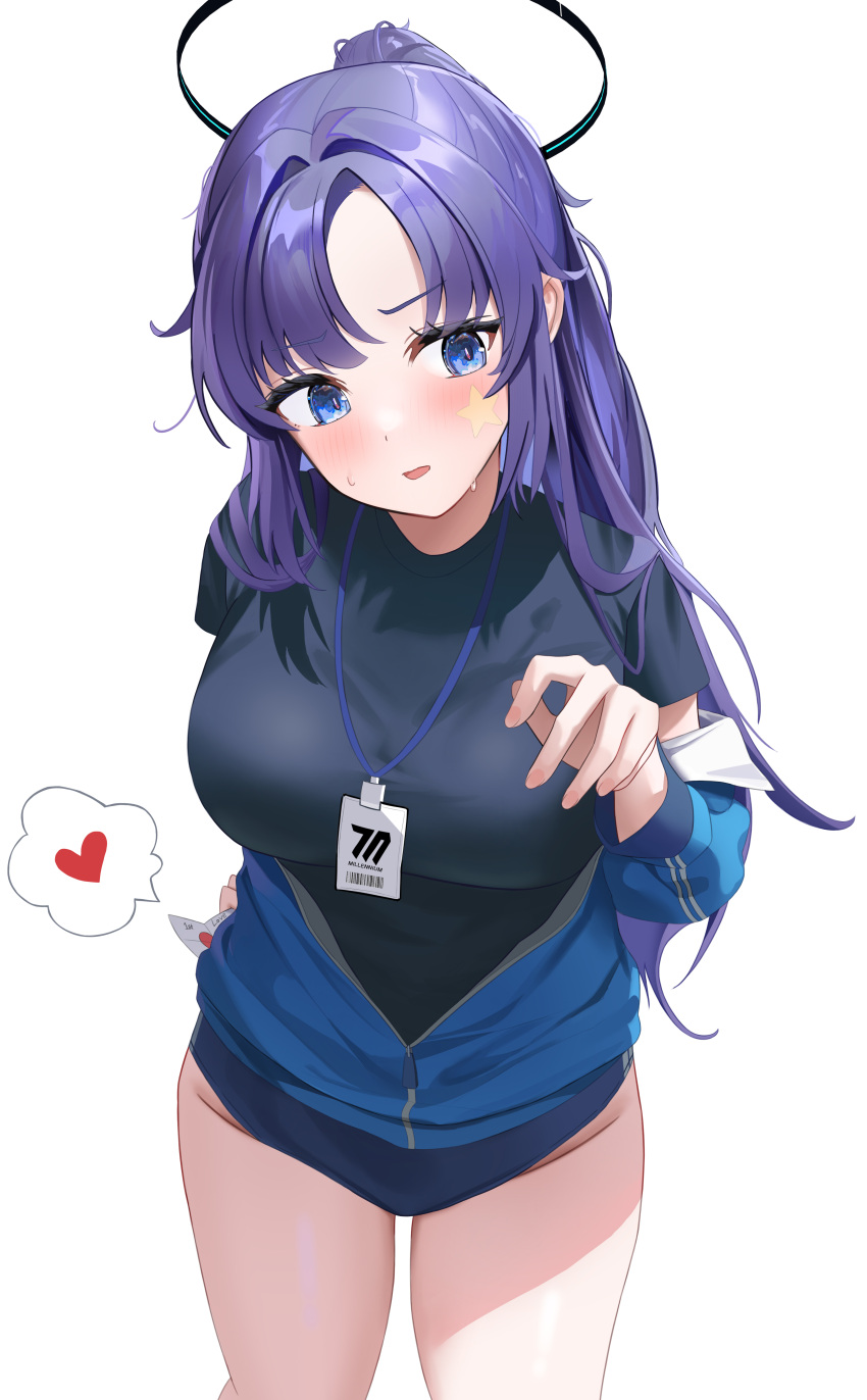 1girl absurdres black_shirt blue_archive blue_buruma blue_eyes blue_jacket blush breasts buruma facial_mark gompu halo highres id_card jacket lanyard large_breasts long_hair mechanical_halo official_alternate_costume open_mouth partially_unzipped ponytail purple_hair scavenger_hunt shirt short_sleeves simple_background solo star_(symbol) white_background yuuka_(blue_archive) yuuka_(track)_(blue_archive)