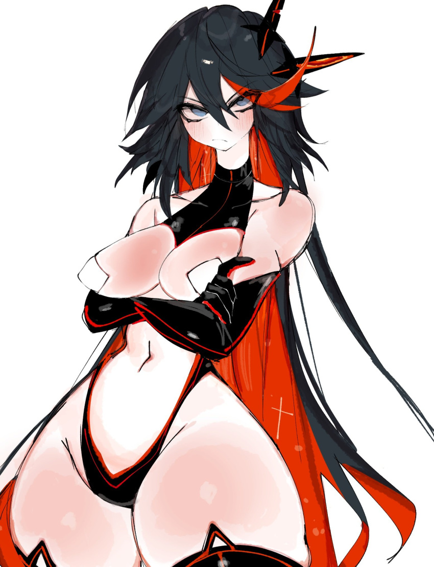 1girl black_hair black_thighhighs blue_eyes blush breasts elbow_gloves gloves highres kill_la_kill large_breasts long_hair looking_at_viewer matoi_ryuuko navel simple_background solo thighhighs usa37107692 white_background