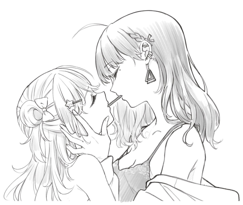 2girls ahoge barbell_piercing bare_shoulders bow braid breasts camisole closed_eyes ear_piercing earrings face-to-face food food_in_mouth french_braid from_side greyscale hair_bow hair_ornament hand_on_another's_cheek hand_on_another's_face height_difference highres igarashi_rika industrial_piercing jacket jewelry koshimizu_toru koshimizu_toru_(2nd_costume) long_hair medium_breasts mole mole_under_eye monochrome multiple_girls nijisanji off_shoulder piercing pocky pocky_in_mouth pocky_kiss shared_food spoon_(tamakakama) star_(symbol) star_hair_ornament triangle_earrings upper_body virtual_youtuber yuri