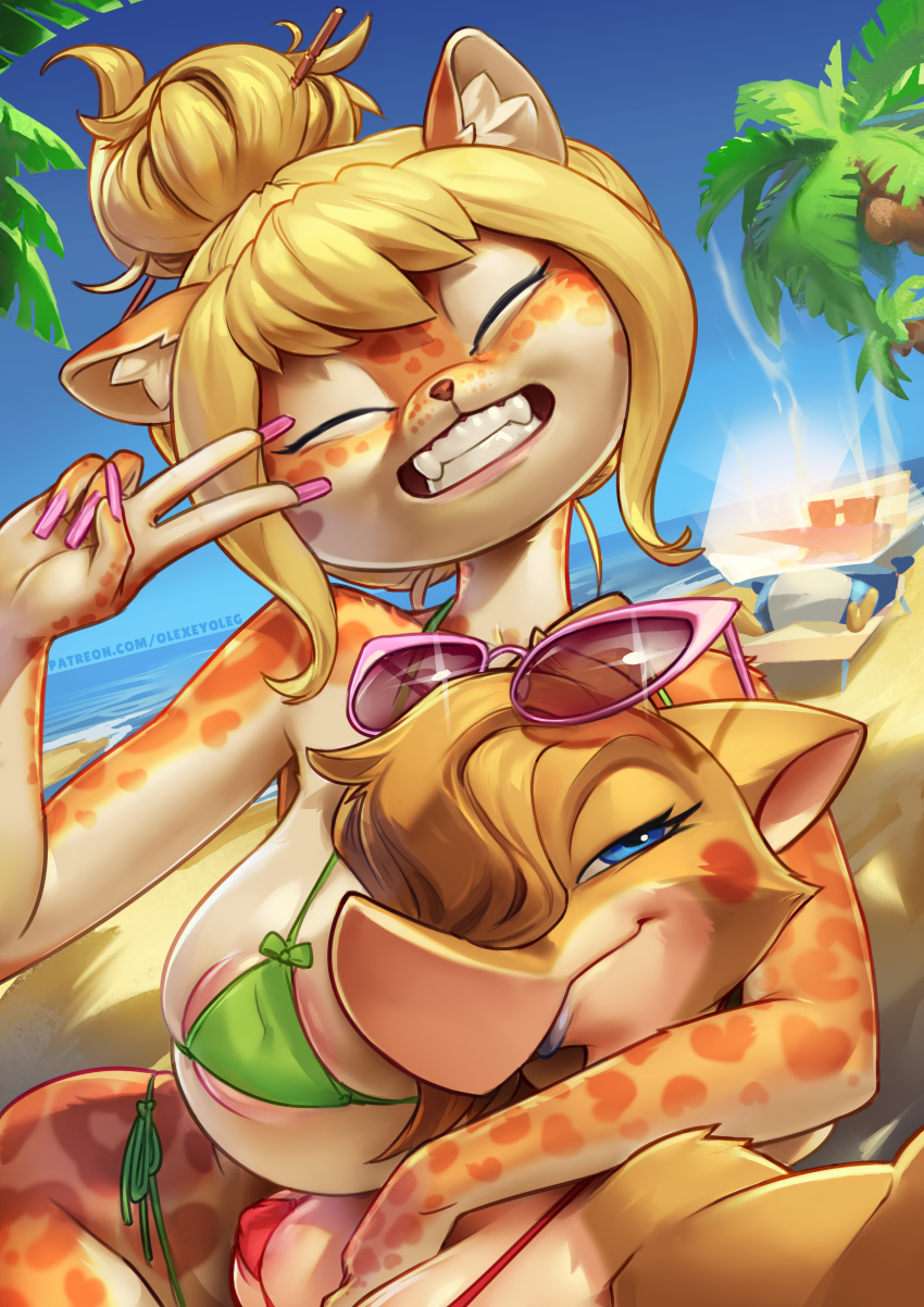 absurd_res animal_humanoid anthro beach big_breasts big_nipples bikini blonde_hair breasts clothing dita_(olexey_oleg) duo dusk_(tabuley) felid felid_humanoid female female/female hair hi_res humanoid jaguar jaguar_humanoid mammal mammal_humanoid micro_bikini nipples olexey_oleg pantherine pantherine_humanoid puffy_nipples seaside selfie smile swimwear tabuley_(character)