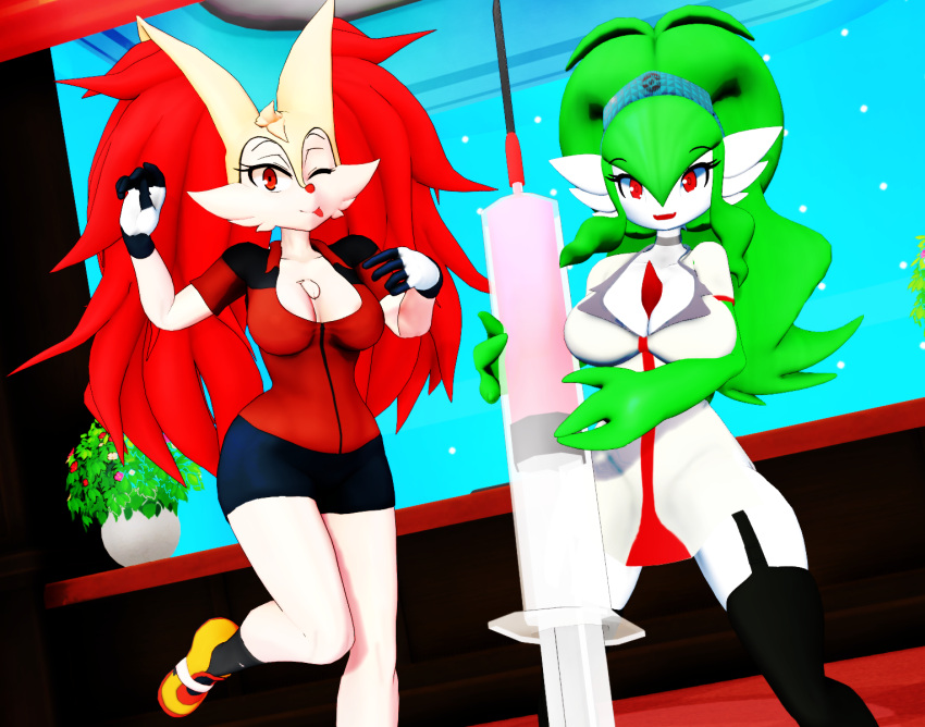 3d_(artwork) alternate_species anthro big_breasts blep braixen bray_(lucyfercomic) breasts clothed clothing digital_media_(artwork) duo female fur gardevoir generation_3_pokemon generation_6_pokemon green_hair hair hi_res hilda_(pokemon) humanoid malicekira mmd nintendo nurse_clothing one_eye_closed pokemon pokemon_(species) red_eyes scientific_instrument smile syringe tongue tongue_out white_body white_fur wink