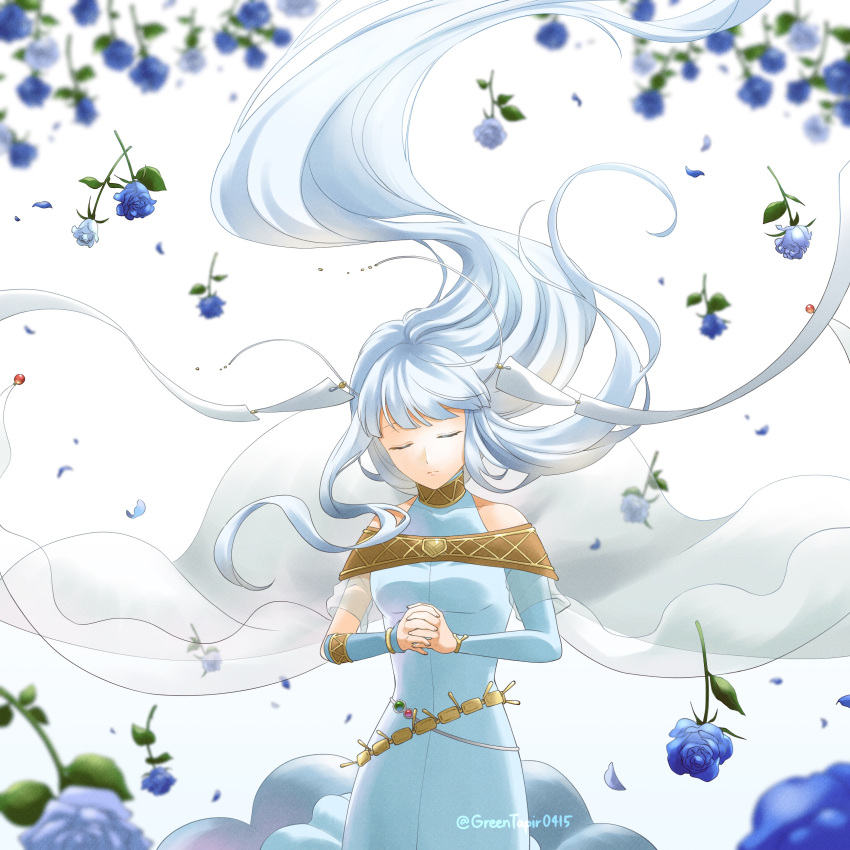 1girl absurdres artist_name blue_dress blue_flower blue_hair blue_sleeves closed_eyes closed_mouth commentary_request detached_sleeves dress eyelashes fire_emblem fire_emblem:_the_blazing_blade flower highres long_hair midori_no_baku ninian_(fire_emblem) own_hands_together solo twitter_username white_background